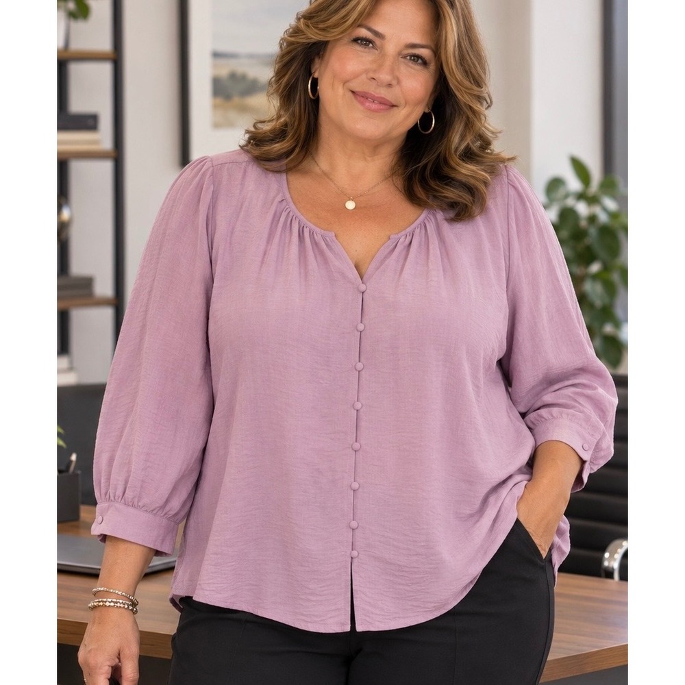 Nine West Mauve Purple Button Front Blouse 1X Plus Long Sleeve V-Neck Top